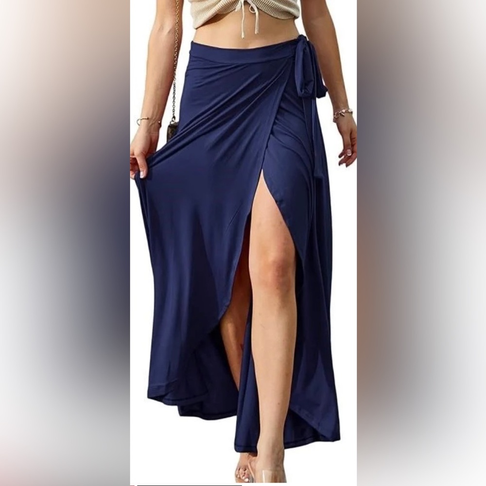 WOMEN'S SOLID NAVY MAXI WRAP SKIRT W/ SLIT